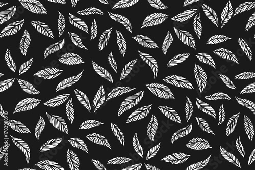 Leaves or feathers abstract seamless pattern on black background. Leafage trendy boundless background. Endless design for paper print, fabric textile, wrapper backdrop template. Vector Illustration.
