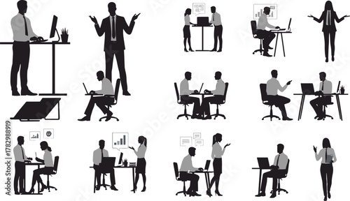 Business silhouettes, office teamwork, professional interaction, laptop work, presentation pose, black vector, corporate icons, workplace scene, meeting table, collaboration, business attire