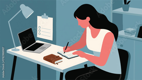 Illustration Vector Woman Writing In A Leather-Bound Journal At A Small, Minimalist Desk, With A To-Do List And An Open Laptop Beside Her Vector Design Template