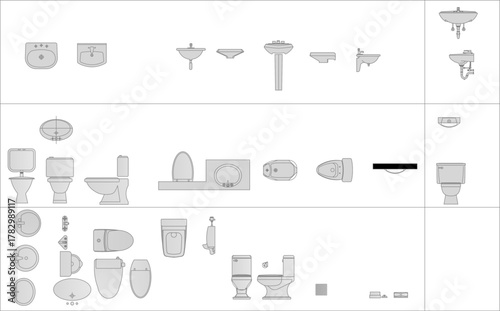 Comprehensive line art vector set of bathroom sanitary fixtures: sinks, washbasins, and toilets in various side, front, and top views.