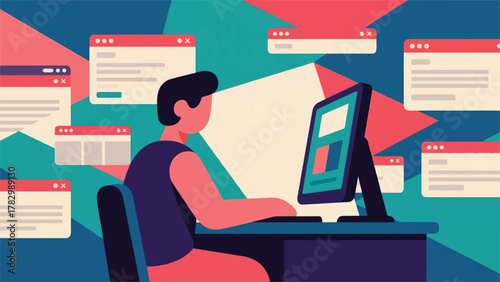 Illustration Vector Person Researching A Topic Of Interest On Their Computer, With Multiple Browser Tabs Open Vector Design Template