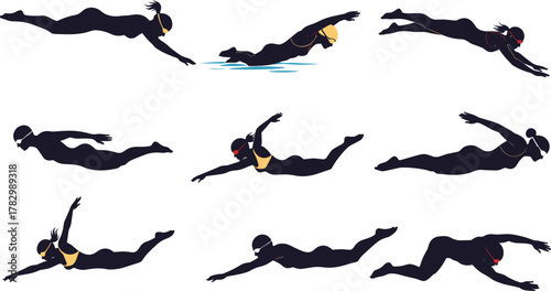 Butterfly stroke swimmer, swimming technique, water sport, swim cap, goggles, athletic motion, pool training, swimmer silhouette, vector illustration, aquatic movement, competitive swimming
