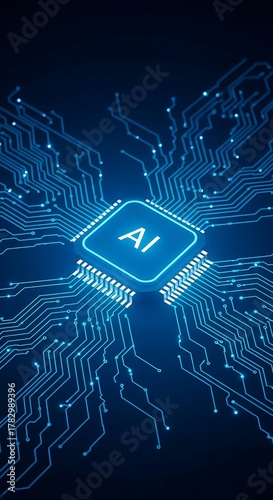 Abstract digital illustration of a glowing blue ai chip with intricate circuitry, symbolizing artificial intelligence and advanced technology