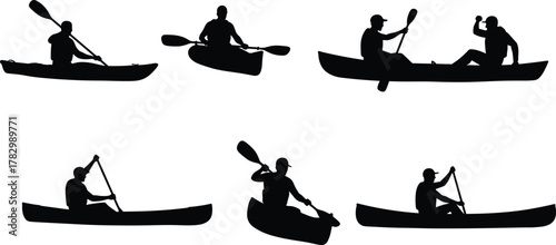 Canoe kayak silhouettes, paddling poses, black vector clipart, water sports icons, outdoor activity, adventure design, recreation illustration, motion graphics