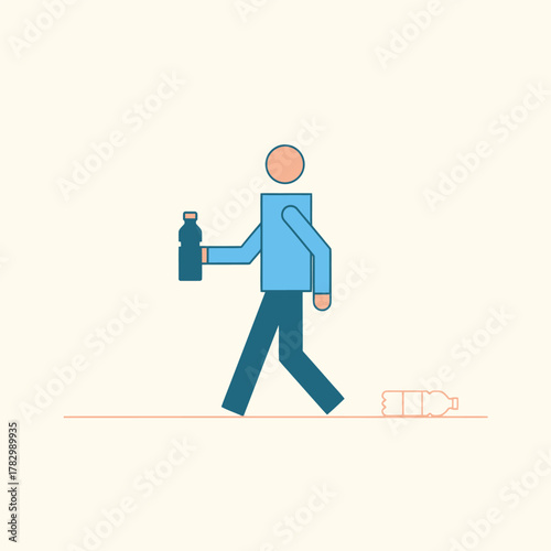 Person walking and holding a water bottle, environmental concept.