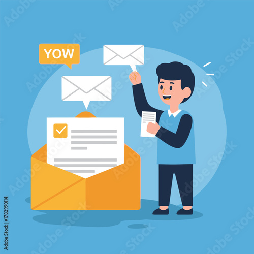 Man sending emails and receiving messages with notifications.