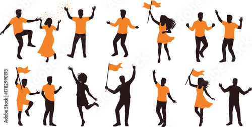 Celebration silhouette vector, dancing people, orange outfit figures, festive crowd, waving flags, joyful movement, party pose, unity design, stock illustration, event icon