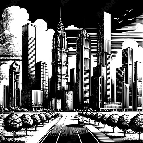 Abstract city skyline at night with urban buildings and skyscrapers