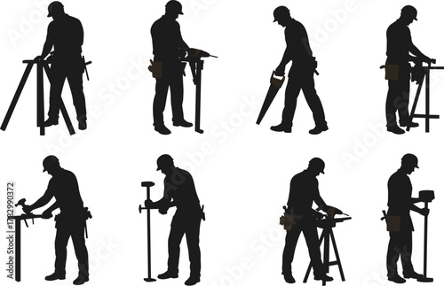 Carpenter silhouette vector, construction worker clipart, black tool icon, manual labor graphic, sawhorse pose illustration, DIY action design