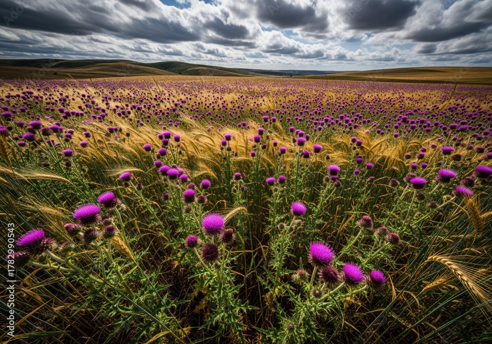 Fototapeta premium Vast golden wheat field dotted with purple thistle under a dramatic stormy sky.