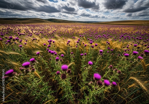 Vast golden wheat field dotted with purple thistle under a dramatic stormy sky.