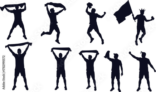 Celebration silhouette vector, sports fan clipart, victory pose icon, black cheering figure, festive motion graphic, triumph scene design
