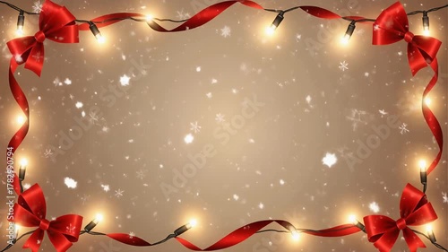 A festive holiday background with red ribbons, bows, and glowing string lights framing a snowy beige backdrop, perfect for seasonal greetings.