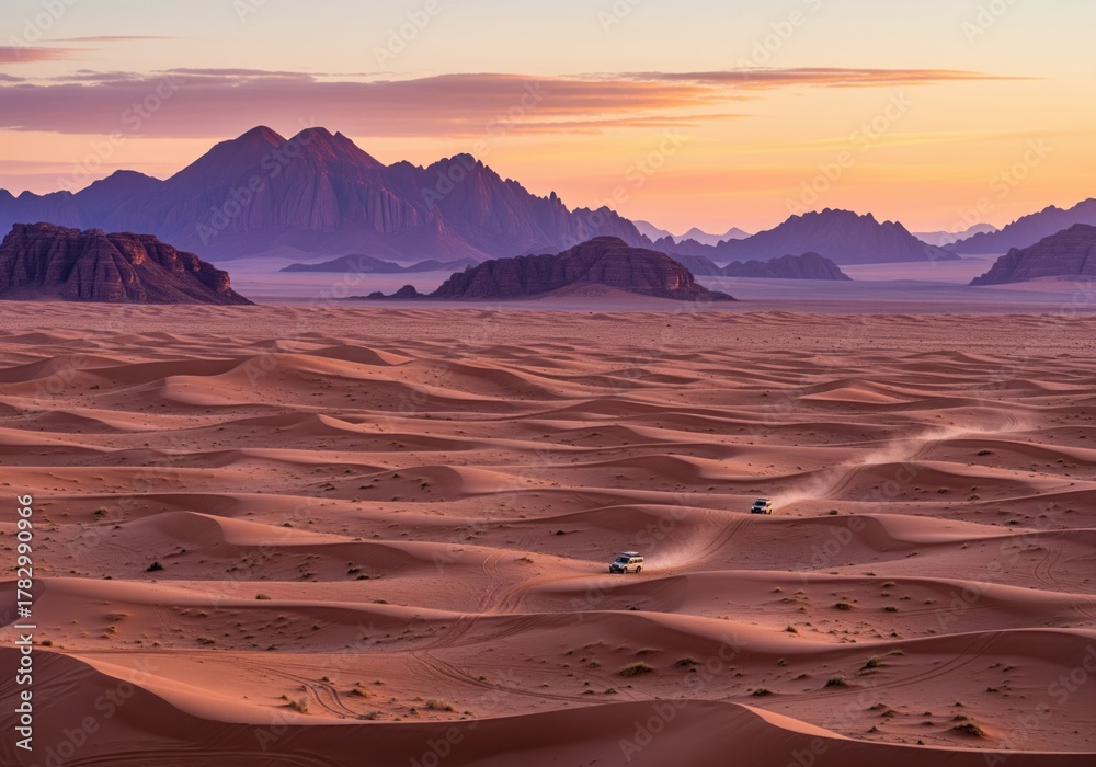 Naklejka premium Off road vehicles driving across vast desert dunes at sunrise with majestic mountains.