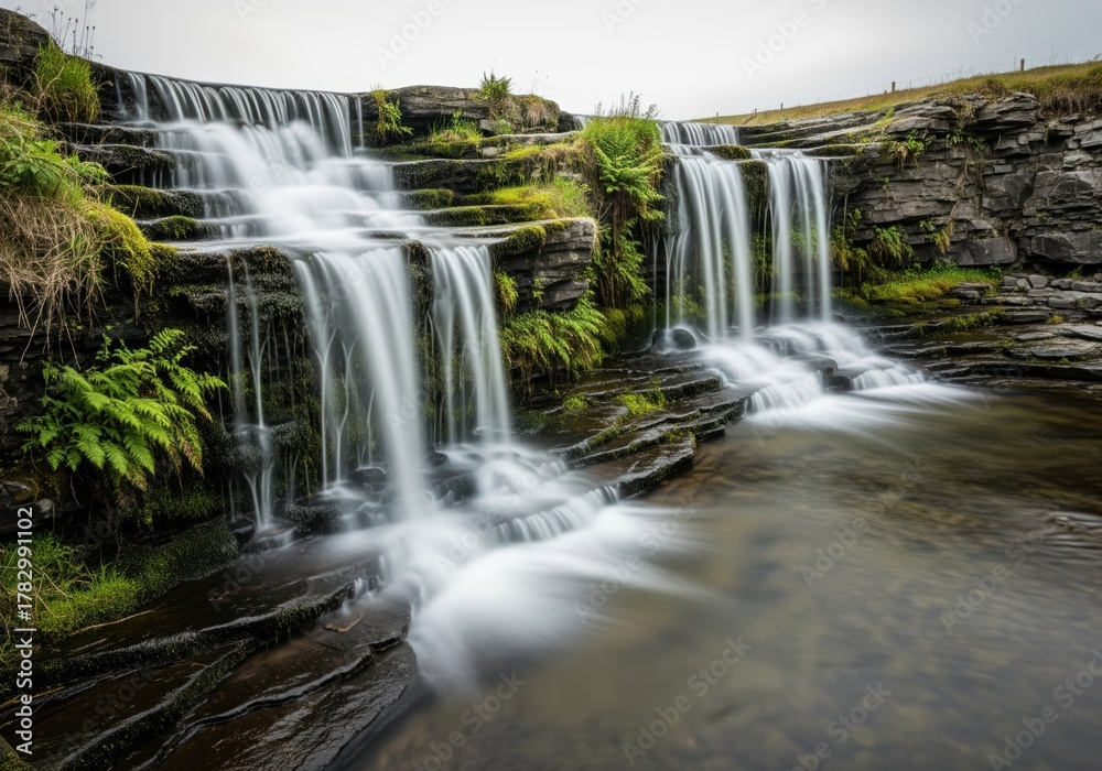 Fototapeta premium Serene multi level waterfall cascading over dark slate rocks with long exposure effect.