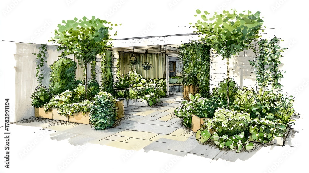 Fototapeta premium Hand-drawn architectural rendering depicts a lush contemporary courtyard garden design.