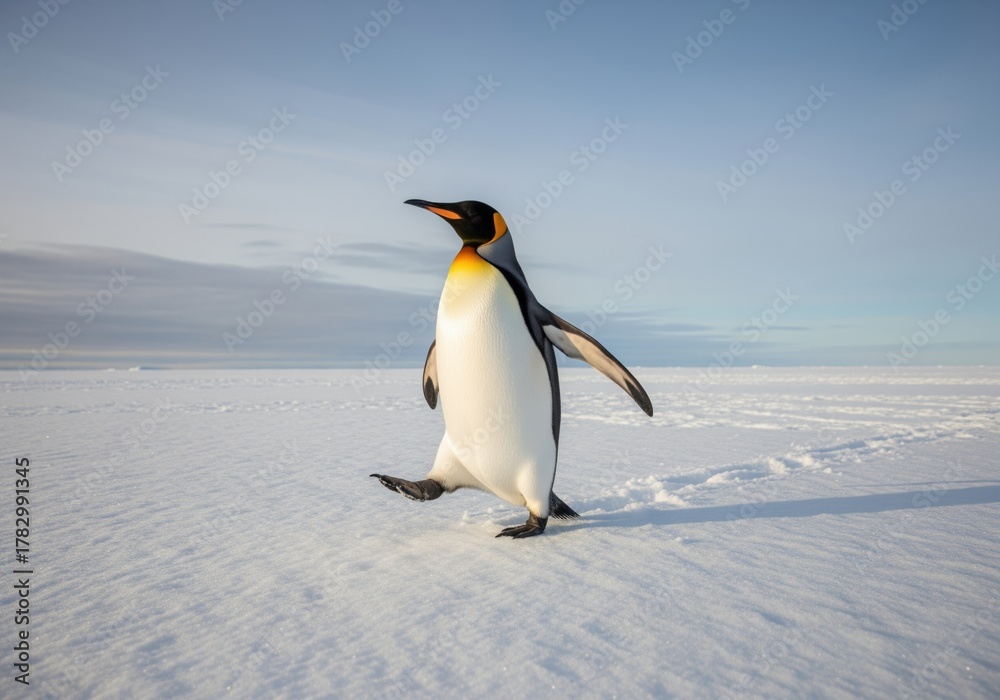 Obraz premium Majestic king penguin walking across the pristine snow covered antarctic landscape.