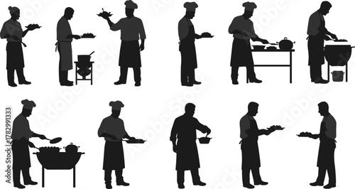 Chef silhouette vector, cooking activity clipart, black culinary icon, food preparation pose, kitchen staff graphic, restaurant designChef silhouette vector, cooking activity clipart