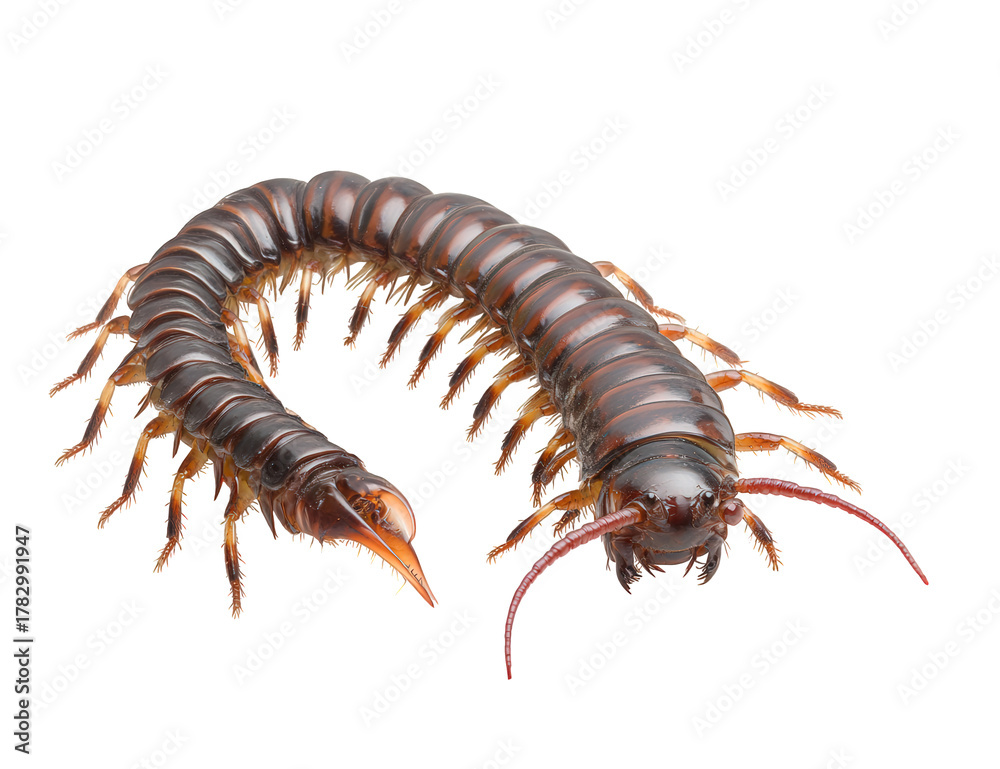 Fototapeta premium A centipede isolated on transparent background, showcasing its segmented body, numerous legs, and distinctive antennae, crawling and displaying its unique anatomical features