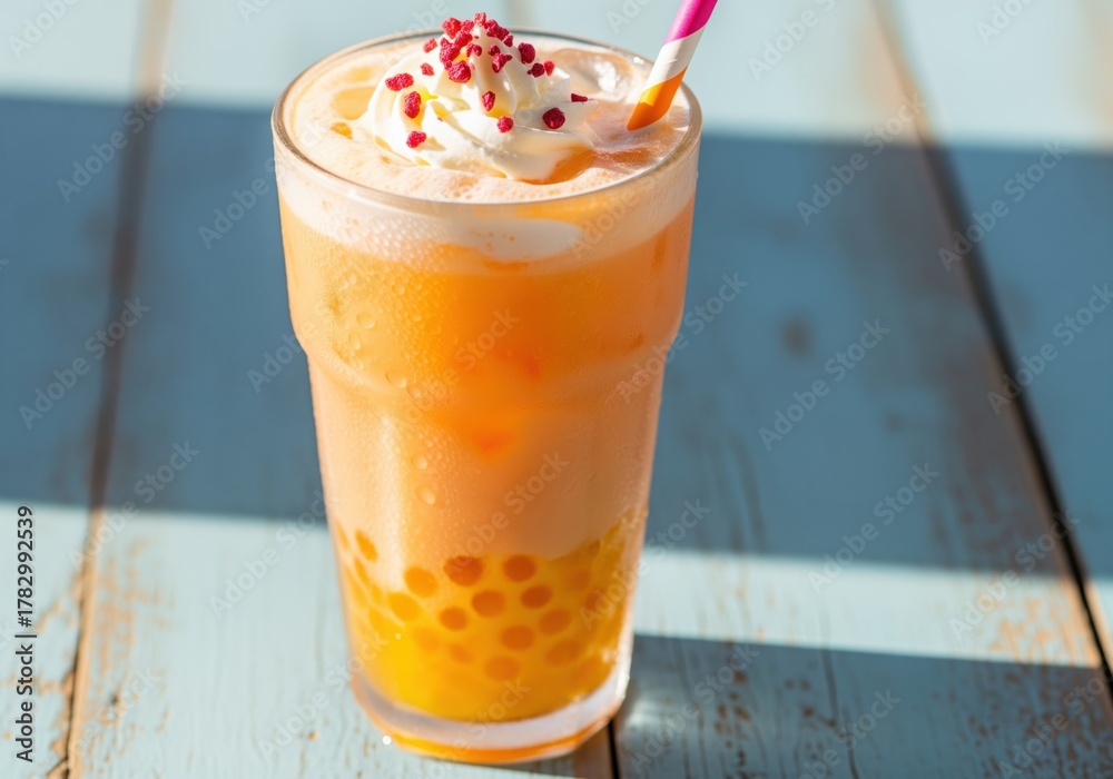 Fototapeta premium Vibrant orange fruit bubble tea with popping boba and whipped cream on wood.