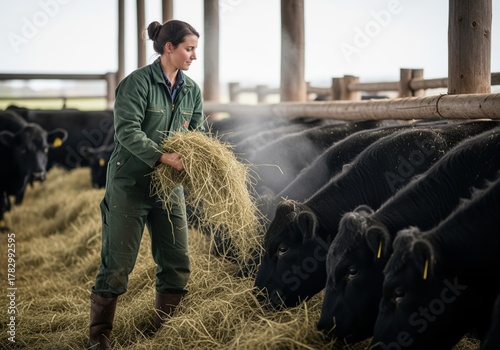 Female rancher feeding hay to black cattle in a large indoor livestock barn