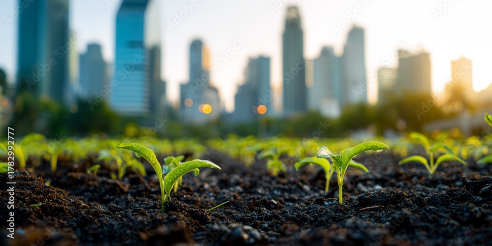 Fototapeta premium Field of plants with a city in the background