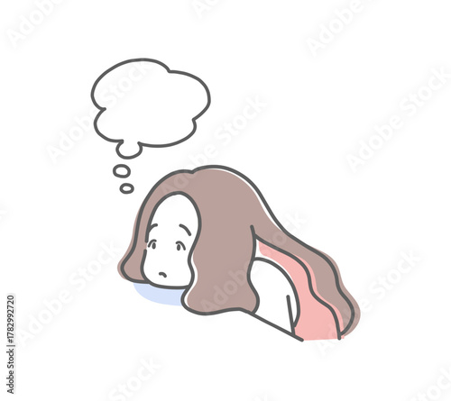 机に顔をつけて考え事をしている女性のイラスト素材