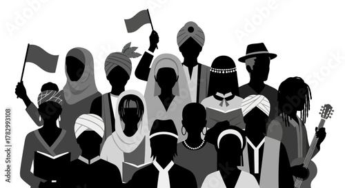 Diverse group of people with flags and musical instrument