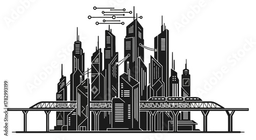 Futuristic cityscape with elevated train and circuit elements