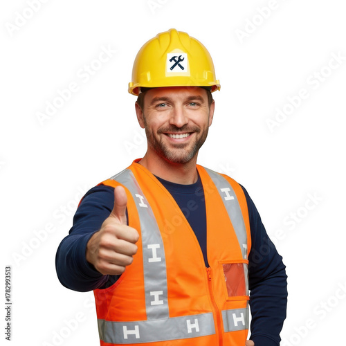 Smiling construction worker thumbs up isolated on transparent background isolated on transparent background indoor, outdoor, no people, keyword 30