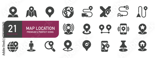 Set of glyph solid icons related to map location. Glyph solid icons collection. Vector illustration