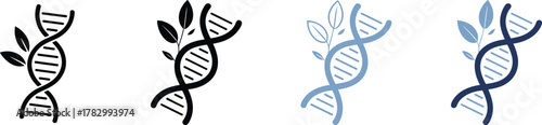 DNA leaf icon set, biotechnology and nature fusion vector, genetic engineering symbol pack, black and blue helix design, eco-science illustration