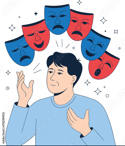 Emotional expression illustration, theatrical mask concept, human emotion range, drama symbolism, mental health awareness, black and white design, contemplative figure, artistic psychology