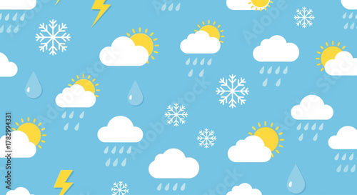 A clear flat design seamless pattern featuring common weather icons, ideal for meteorological apps or seasonal promotions. 