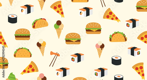 A delicious flat design seamless pattern showcasing popular fast food items, ideal for restaurant menus or culinary blogs. This clean, modern 2D illustration adds a playful and appetizing touch.
