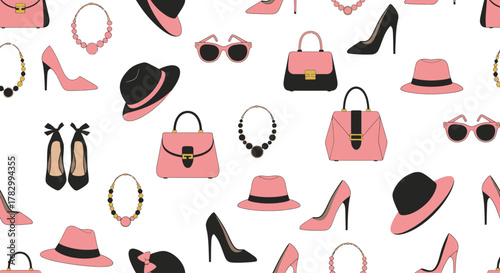 A chic flat design seamless pattern showcasing various fashion and accessory items, ideal for clothing brands or lifestyle blogs. This clean, modern 2D illustration exudes elegance and style.