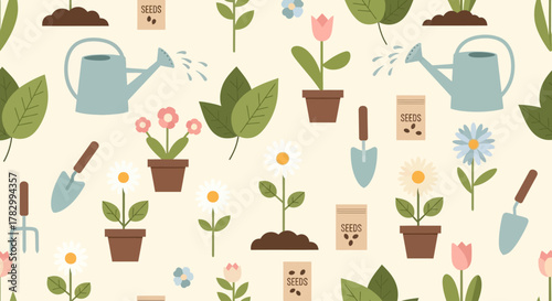 A soothing flat design seamless pattern featuring various gardening and plant elements, perfect for botanical themes or eco-friendly branding. 