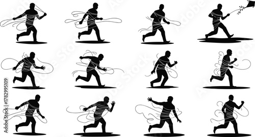 Silhouette running sequence, rope entanglement, personal growth, freedom journey, symbolic motion, liberation concept, expressive art, overcoming obstacles, dynamic pose, transformation