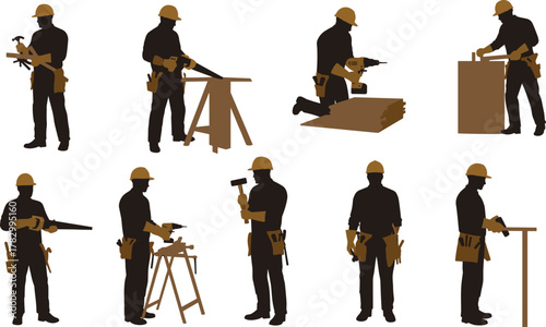 Construction worker silhouette vector, tool usage clipart, black and yellow labor icon, carpentry pose graphic, building task design