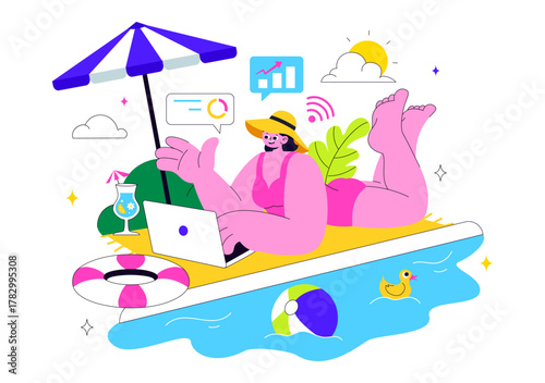 Freelance Workers Relaxing by the Swimming Pool Vector Illustration Featuring People Drinking Cocktails and Using Laptops in a Flat Background