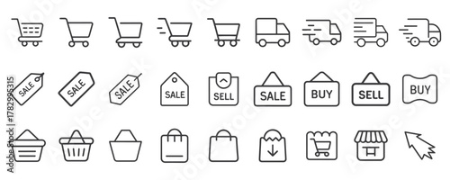 Collection of hand drawn shopping icons including carts bags trucks and tags