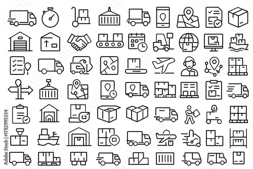 Logistics Line Icons – 60 Unique Black & White Editable Outline Symbols