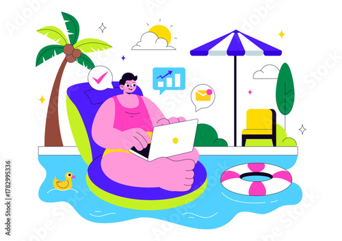 Freelance Workers Relaxing by the Swimming Pool Vector Illustration Featuring People Drinking Cocktails and Using Laptops in a Flat Background