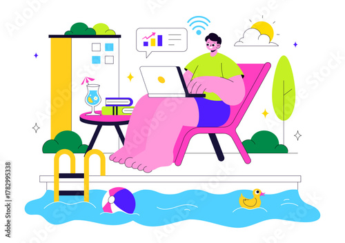Freelance Workers Relaxing by the Swimming Pool Vector Illustration Featuring People Drinking Cocktails and Using Laptops in a Flat Background