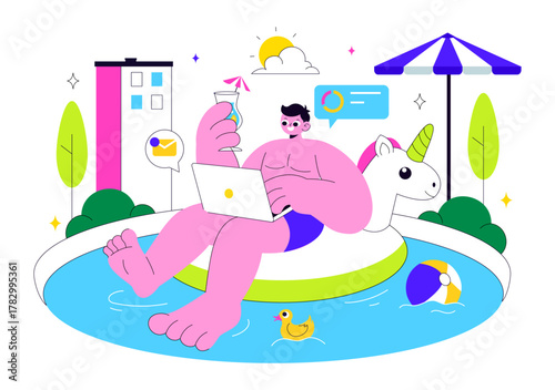 Freelance Workers Relaxing by the Swimming Pool Vector Illustration Featuring People Drinking Cocktails and Using Laptops in a Flat Background