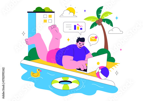 Freelance Workers Relaxing by the Swimming Pool Vector Illustration Featuring People Drinking Cocktails and Using Laptops in a Flat Background