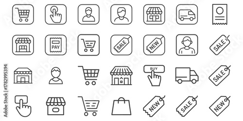 Collection of hand drawn e commerce and shopping icons on white background