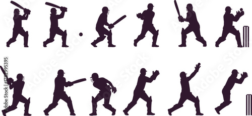 Cricket action silhouettes, batting, bowling, fielding poses, sports movement, athlete training, wicket keeping, dynamic cricket illustration, sports vector art