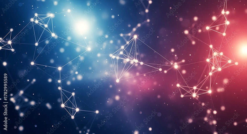 Fototapeta premium Abstract network of glowing nodes and lines against a cosmic background with red and blue hues