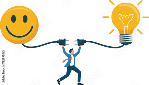 Positive energy illustration, cartoon style, smiley face, glowing light bulb, heart filament, business suit, creative spark, emotional power, idea generation, connection concept